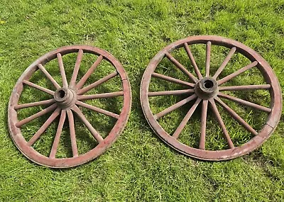 2 Vintage Wooden Wagon Cart Wheels 14 Spoke 34   Approx- Small Metal Rim Kart • £50