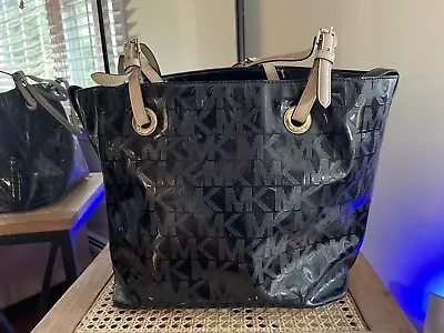 Michael Kors Jet Set Mirror Metallic Black Tote Bag In Signature MK Pattern • $45