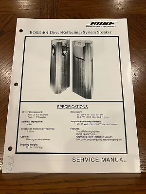 BOSE 401 Service Manual Direct Reflecting Speaker System *Original* • $16.99