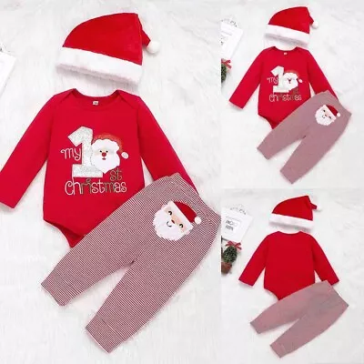 Baby Girls My 1st Christmas Outfit Suit Santa Romper Pants Set Xmas Clothes • £4.49