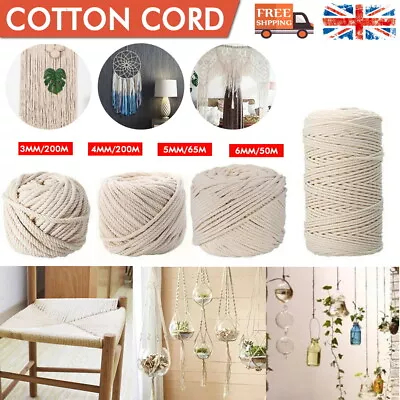 £6.99 • Buy 3mm - 6mm Beige Cotton Twisted Cord Rope Craft Macrame Artisan String Natural