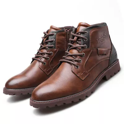 Men Retro Side Zipper Ankle High Tops Shoes Male Motorcycle Oxford Lace Up Boots • $47.88