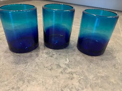 Set Of 3 Handblown Mexican Cobalt/Teal Blue Glasses Pier 1 • $25
