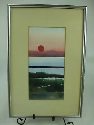 1980s Stylized Sunset Over Marsh Watercolor Painting Framed Unsigned • $69.44