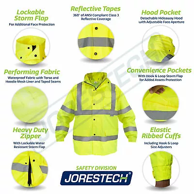  Safety Rain Jacket Reflective Green Hi-Vis Raincoat Rainjacket W Hood JORESTECH • $34.75