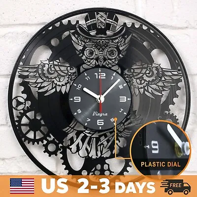 STEAMPUNK СLOCK OWL Vinyl Record Clock Gears Home Wall Décor Art Gift Black • $24.99