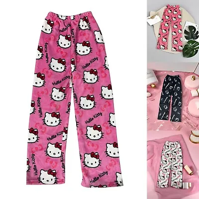 Hello Kitty Pajamas Black Flannel Women Casual Home Pants Unisex Warm Trousers • $9.57