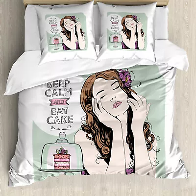 Keep Calm Duvet Cover Eat Cake Text And Woman • £38.99