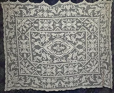 Vintage Italian Linen Embroidered Net Lace Tablecloth Ecru 68x80 Perfect! • $38