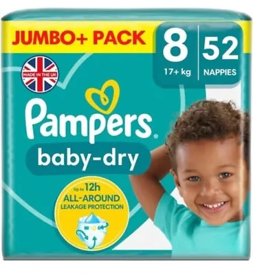 Pampers Baby-Dry Size 8 Nappies Nappy Diapers Jumbo+ Pack 17+Kg 12hr Protection • £15.79