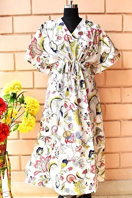$36.29 • Buy Indian White Floral Kaftan Beach Bikini Cover Women's Clothing Night Maxi Kaftan