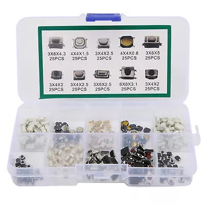 250PCS 10 Value Tactile Push Button Switch Micro Momentary Tact Assortment Kit • $7.99