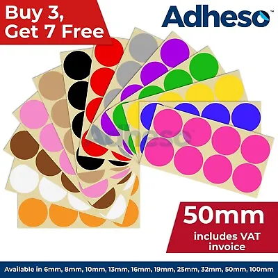 Adheso 50mm Coloured Dot Stickers Round Sticky Dots Adhesive Circles Labels • £0.99