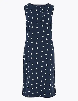 £11.99 • Buy M&S Collection Linen Polka Dot Notch Neck Shift Dress In Navy-Slightly Imperfect
