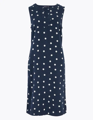 £11.99 • Buy M&S Collection Linen Polka Dot Notch Neck Shift Dress In Navy-Slightly Imperfect