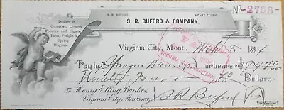 Virginia City Montana MT 1894 Bank Check Buford Liquor Tobacco Cigar Wagons • $9.99