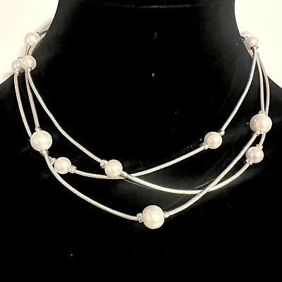 Silver Tone Multi Strand Cable Chain Faux Pearl Station Collar Necklace PreOwned • $16.99