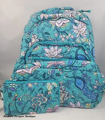 NWT Vera Bradley_Large Essential Backpack & RFID Slim Wristlet Peacock Garden • $119.95