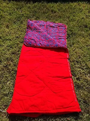 Vtg Coleman Red Cloth Adult Size Sleeping Bag Blue Floral Hawaiian Flower Inside • $30