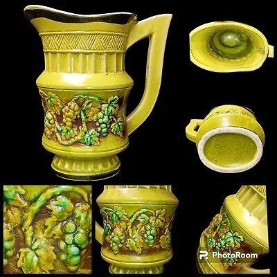 Vintage Majolica French Green Glazed Wine Pitcher Jug With Vine Pattern 7  Japan • $15.99