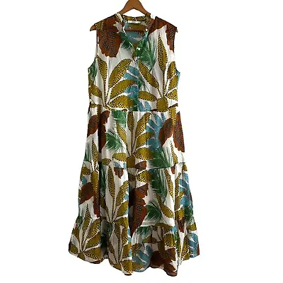 0039 ITALY Mila Maxi Dress Womens L Tiered Tropical Leaf Cotton Sleeveless  • $124.99