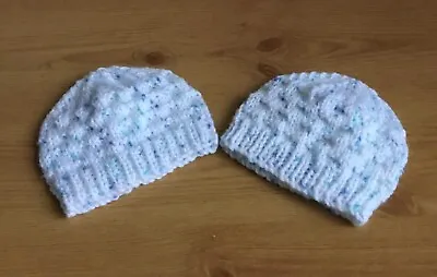 Two Prem Baby Hand Knitted Hats - White /Blue Spots • $3.69