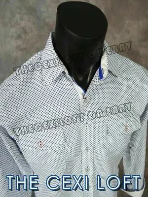 Mens Casual Dress Button Shirt White Blue Accent Patterns ID By CAVIAR DREMES • $9.99