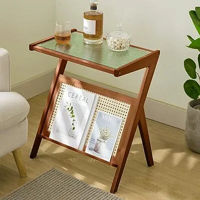 Bamboo Side Table Glass Top Night Stand Bedside Laptop Stand Storage Cabinet • £25.95