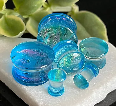 PAIR Light Blue Dichroic Glass Plugs Double Flare Gauges Body Jewelry • $18.95