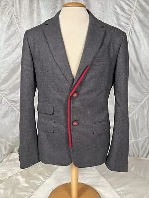 Gucci FW16 Gray Wool Blazer Jacket Enamel Cat Buttons Red Blue Trim Mens Size 48 • $395