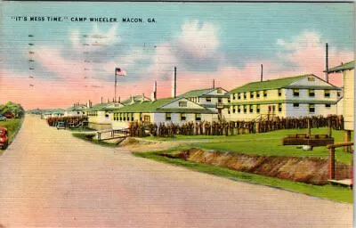 1944  It's Mess Time  Camp Wheeler MACON Georgia Military Linen Postcard • $3