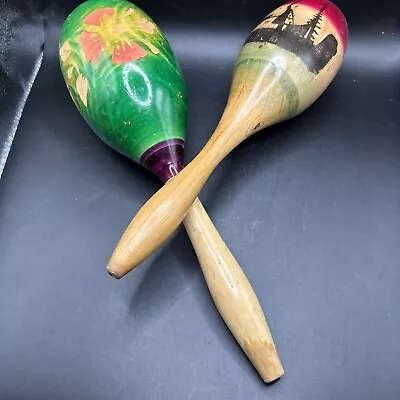 Vintage Original Mexican Hand Painted Wooden Fiesta Maracas Set Of 2 • $14.99