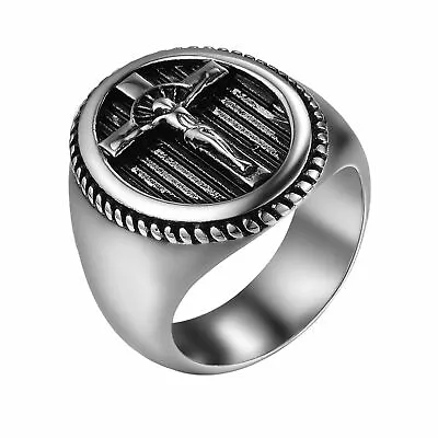 Men's Stainless Steel Ring Jesus Christ Crucifix Cross Christian Ring Band #6-14 • $9.99