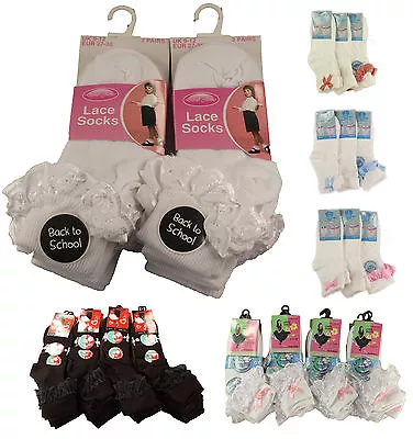 £5.99 • Buy 6 Pairs Of Kids Girls Lace Socks, SockStack Frilly Chic White Ankle School Socks