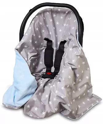 CAR SEAT BABY KIDS BLANKET REVERSIBLE WRAP DOUBLE SIDED Blue/White Stars On Grey • £19.99