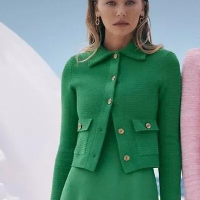 $550 • Buy Scanlan Theodore Crepe Knit Tweed Jacket Gold And Green Buttons (XS)