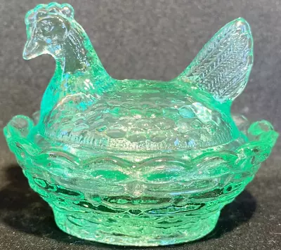 Green Vaseline Uranium Glass Mini Hen Chicken On Nest Basket Easter Eggs Blue 2  • $9.99