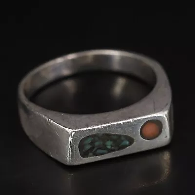 VTG Sterling Silver - NAVAJO Turquoise & Coral Inlay Men's Ring Size 9 - 7g • $16.50