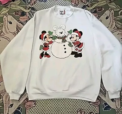 Disney Sweater Vintage Mickey & Minnie Mouse Snowman Graphic Print White B21 • $66