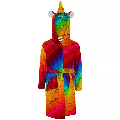 Girls Rainbow Scales 3D Animal Unicorn Bathrobe Fleece Dressing Gown 2-13 Years • £11.99