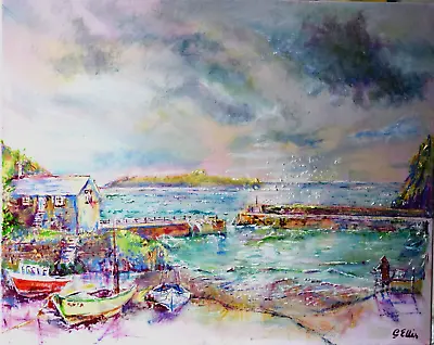 Original Landscape Oil Painting Mullion Cove Cornwall Signed G Ellis Artist Coa • £180