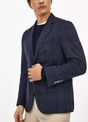 Hackett London Wool Cotton Prince Of Wales Check Blazer Jacket 38 R Blue • $69