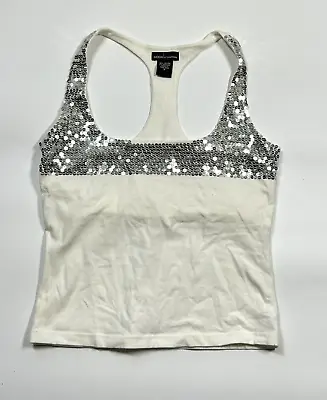 Moda International White Sequin Cami Top Racerback Size Small Built In Bra • $15.99