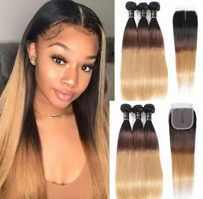 Ombre Brazilian Straight 3 Bundles With 4x4 Lace Closure T1B/4/27 Honey... • £220