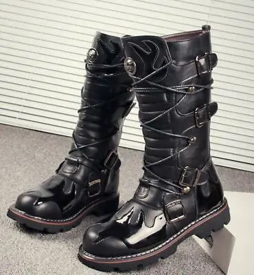 Mens Punk Boot Motorcycle Leather Boots Buckle Straps Mid Calf Casual Knight • $60.29