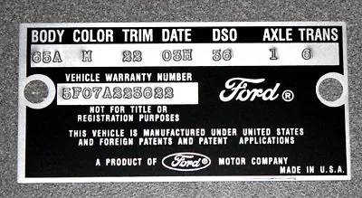 1965 Mustang Falcon Data Plate Stamped With Your Paint Body Color Information • $34.95