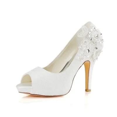 Emily Bridal Wedding Shoes Lace Wedding Shoes Ivory Lace Peep Toe High 3.5 UK • £19.99
