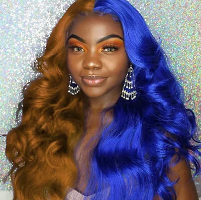 Women Long Wave Half Brown Orange Half Blue Fiber Lace Front Wig Glueless Soft • $32.29