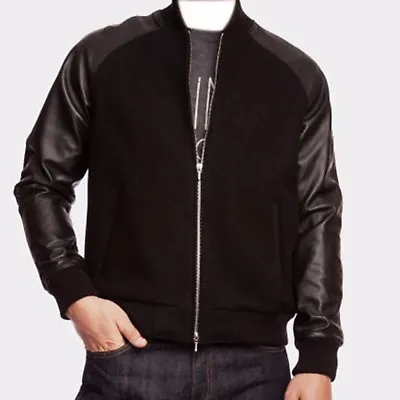 £83 • Buy Letterman College Bomber Jacket Black Real Leather Sleeves Black Wool Zipper