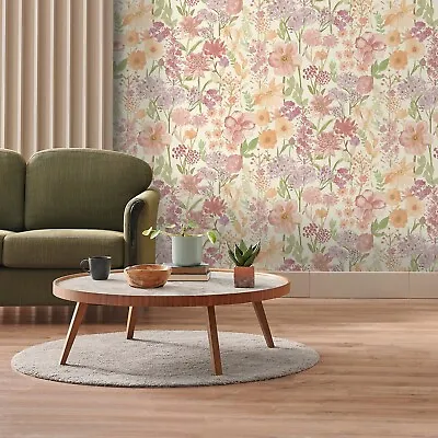 Pink Purple Floral Wallpaper Wildflowers Cream Smooth Finish Paste The Paper • £12.95